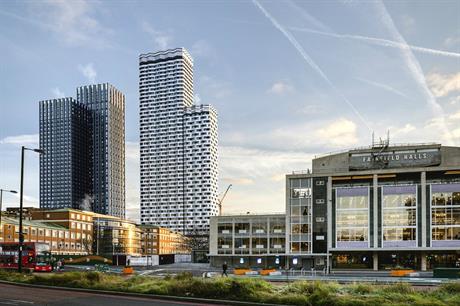 A visualisation of the College Road scheme in Croydon (left of pic) next to the town's Fairfield Halls (right). Pic: HTA Design