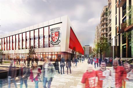 A CGI of plans for Woking FC's stadium redevelopment. Image: Woking FC