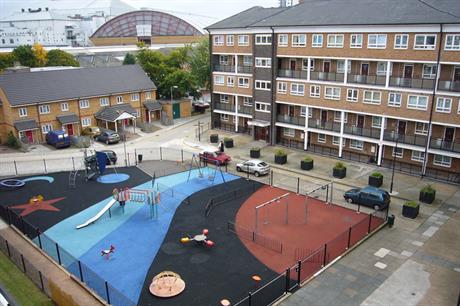 The Gibbs Green estate with the now-demolished Earls Court Exhibition Centre in the background