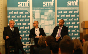 (from left) Heseltine, BBC presenter Evan Davis and Umunna at the SMF debate