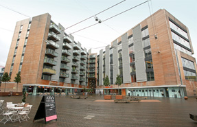 The private apartment building (on left, with balconies) and office block in south London's Bermondsey Square. Rob Clayton photo