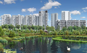 A CGI showing proposals for the landscaped areas surrounding the Olympic Village.