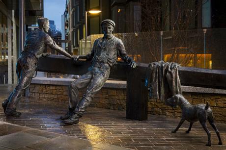 The first artworks at 250 City Road show workers at a lock gate (PIC Berkeley)