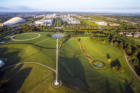 The planned mixed use scheme is intended to frame the northern edge of Campbell Park (PIC Drone MK)