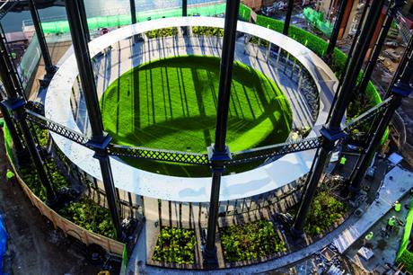 An aerial view of the Gasholder Park in King's Cross