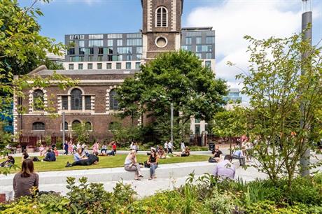 Landscaping of the new gyratory at Aldgate, east London, provided space around nearby St Botolph's Church (PIC John Sturrock/Gillespies)