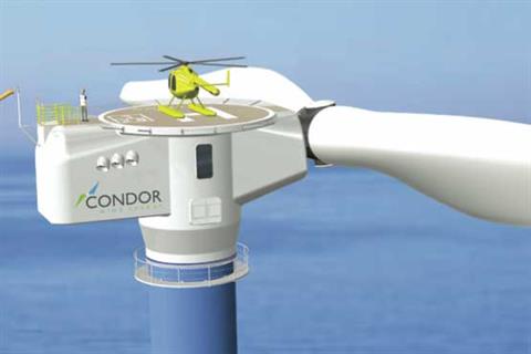 Artist’s concept of the Condor 5’s nacelle shows a distinct circular helicopter-hoisting platform positioned on top of the center of the nacelle in line with the tower