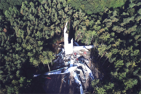 The hybrid tower holding a Nordex turbine in the Haltern forest suddenly collapsed last September (image credit: RAG Montan Immobilien) 