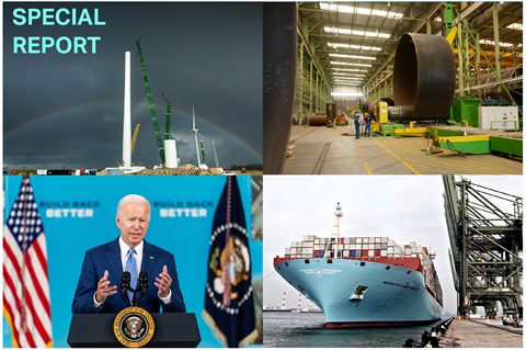 Rising commodity and shipping prices, as well as policy delays, contributed to OEMs' challenges (pics: Vestas, Ørsted, Maersk, Official White House Photo by Adam Schultz)