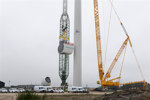Siemens Gamesa lifting the nacelle for its SG 14-236 DD prototype turbine at Østerild