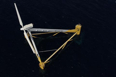 X1 Wind's PivotBuoy system features a semi-submersible pyramid-shaped floating platform moored with a tension leg platform system that swivels on a single point to self-align with the wind