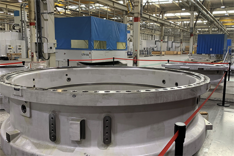Vestas EnVentus and V236-15.0 MW powertrain interface ring elements; the largest ring connects the main bearing unit and gearbox of the V236 powertrain