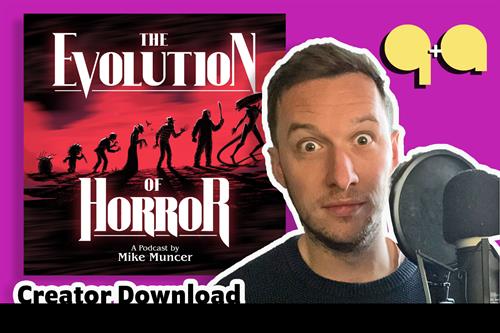 A graphic illustration showing Evolution of Horror host Mike Muncer and the cover art