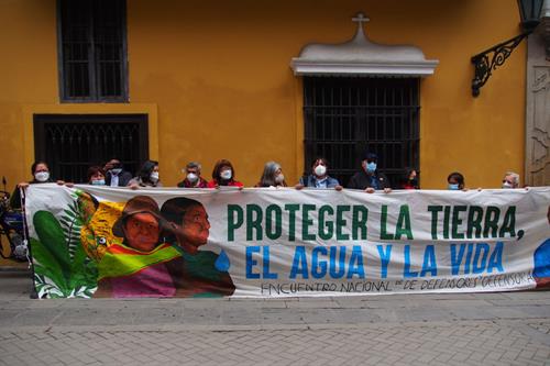 Protesters in Lima, Peru, demand the signing of the Escazu Agreement to protect environmental defenders in the country. Photo: Carlos Garcia Granthon/Fotoholica Press/LightRocket via Getty Images