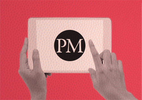 Hands touching an iPad screen with the PM logo