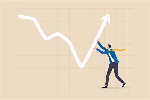 Leadership to lead business growth in market downturns, entrepreneur or investor skill to manage to earn more profit concept, businessman investor push arrow graph and chart to be back rising up.