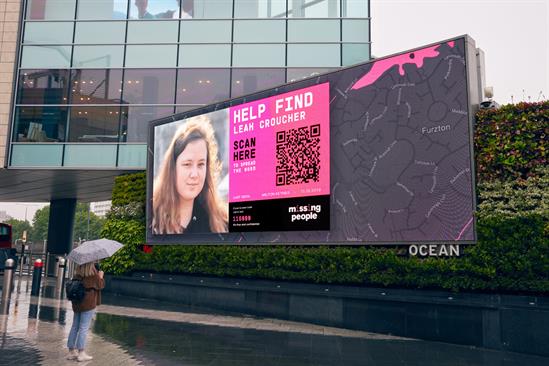 Missing People: a QR code is incorporated into the creative to enable sharing on social media