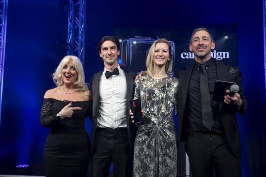 2025 Agency team of the Year: PHD's Sam Connor and Sarah Nugent (both centre) accept their trophy at the Campaign Media Awards from Rachel Gibbs-McNeil of The Telegraph and TV and radio presenter Colin Murray