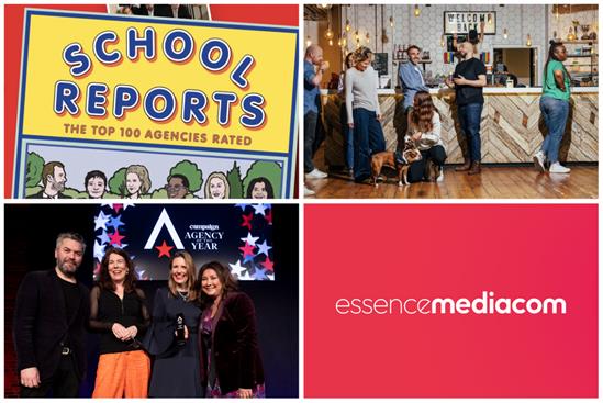 Clockwise from top left: Campaign's School Reports, Adam & Eve's 'Four&Flex' policy, EssenceMediacom merger, and Uncommon Creative Studio wins Creative Agency of the Year