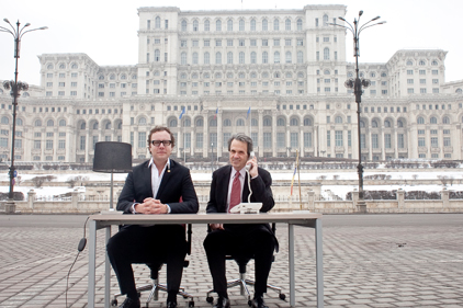 Romania: Matt Neale and Fred Cook outside People's Palace