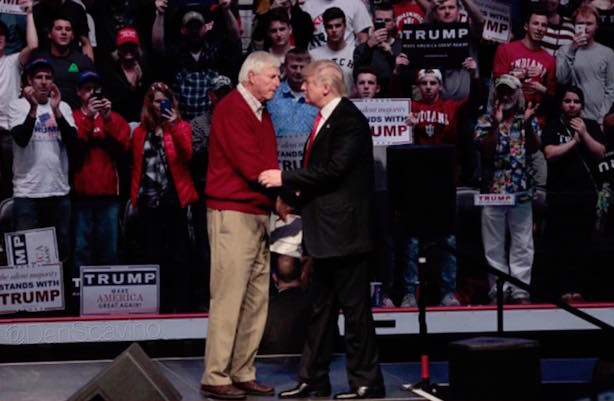 Bobby Knight introduces Donald Trump in Indiana. (Image via Trump's Facebook page).