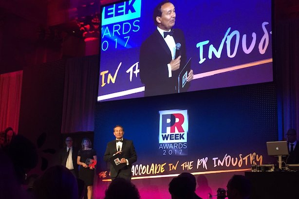 Communicator of the Year Oscar Munoz at the PRWeek Awards on Thursday night.