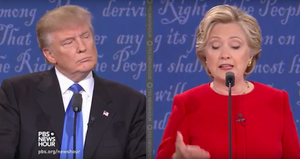 Donald Trump and Hillary Clinton square off for the third and final time tonight in Las Vegas. (Screenshot via PBS NewsHour's YouTube account).
