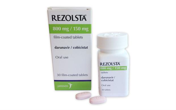 The cobicistat component of Rezolsta boosts levels of darunavir in the blood and does not require concomitant ritonavir, potentially reducing the pill burden