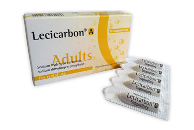 Lecicarbon A suppositories (sodium hydrogen carbonate/sodium dihydrogen phosphate) release carbon dioxide in the gut, activating intestinal movement and triggering bowel evacuation