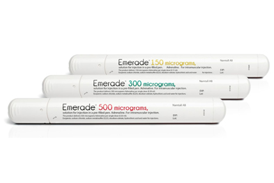 The Emerade (adrenaline) prefilled pen is used for injection into the anterolateral thigh, through clothing if necessary.