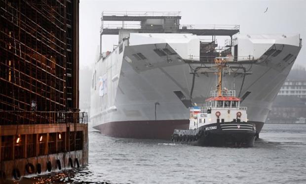 LNG-fuelled ferry 'Honfleur' leaves the naval workshop in Flensburg in December 2018. The fuel is a source of considerable controversy because of its climate impact. Photo: FRED TANNEAU/AFP via Getty Images