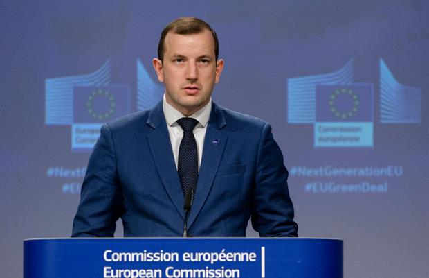 Environment commissioner Virginijus Sinkevicius talking to journalists in June. He is due to publish a chemicals strategy this autumn. Image: Thierry Monasse/Getty Images