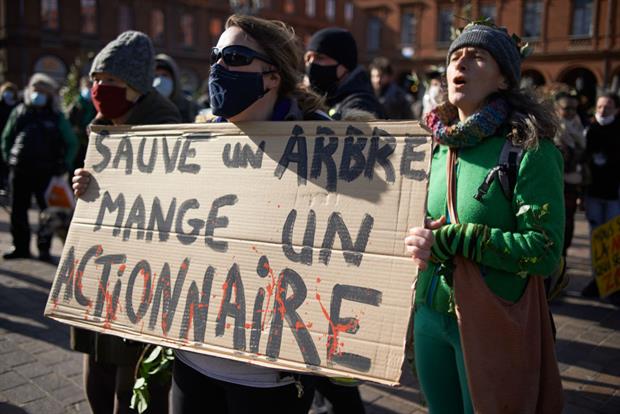People in Toulouse protest against plans to clear but forests in the French Pyrenees, February 2021. In Brussels, NGOs have harshly criticised plans to label wood burning as green. Photo: Alain Pitton/NurPhoto via Getty Images
