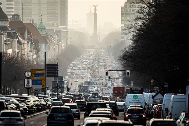 Traffic on Bismarckstrasse in Berlin, February 2021. The EU is planning to ramp up CO2 emissions cuts over the next decade. Photo: Florian Gaertner/Photothek via Getty Images