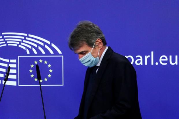 European Parliament president David Sassoli wearing a face mask at a press conference in Brussels, 25 March. Photo: Yves Herman / AFP via Getty