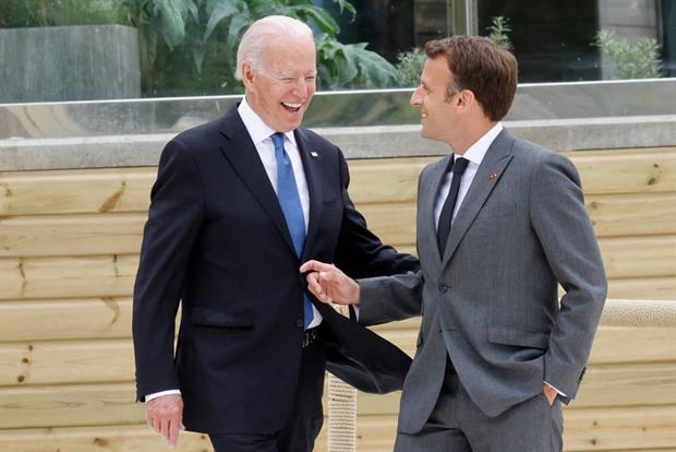 Joe Biden meets Emmanuel Macron in Cornwall for the G7 summit. The US president is due to travel to Brussels on Tuesday. Photo: Ludovic Marin / AFP via Getty Images