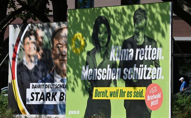 Green and CDU election posters in Germany: while support for the Greens surged earlier this year, the party has since returned to third place in the polls. Photo: John MacDougall/ AFP