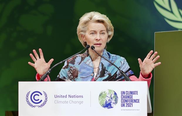 Commission president Ursula von der Leyen at the COP26 leaders summit this week. The EU's net-zero target has come under fire for relying on emissions offsetting. Photo: Yuri Mikhailenko\TASS via Getty Images