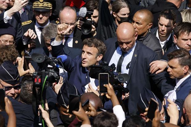 President Macron in Cergy, April 27, 2022, during his first trip after being re-elected president. Photo: LUDOVIC MARIN/AFP via Getty Images