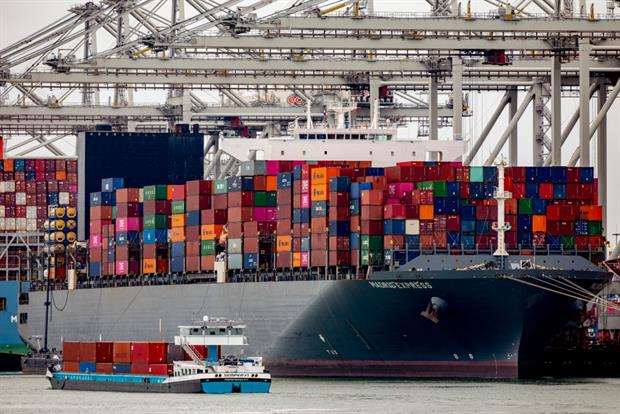 A container cargo ship in Rotterdam Harbour on April 4, 2021. The EU has been urged to include international shipping arriving or leaving from EU ports in an expanded ETS. Photo: Niels Wenstedt/BSR Agency/Getty Images