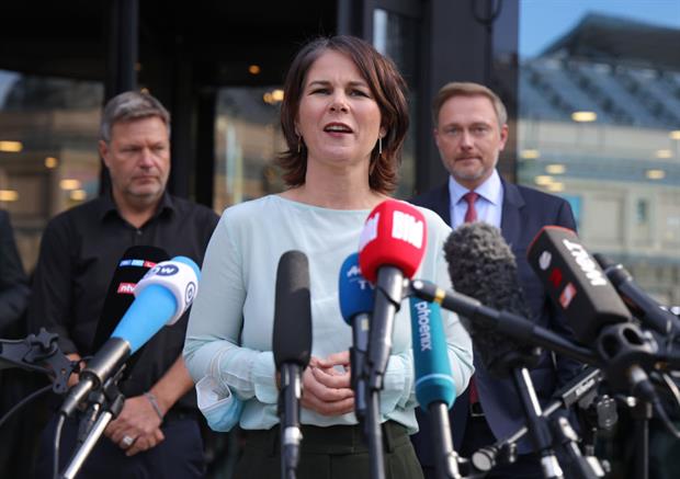 The Greens' co-leader Annalena Baerbock speaks to the press after a second round of informal talks with the FDP on Friday. The two parties have diverging approaches to tackling climate change. Photo: Sean Gallup / Getty Images