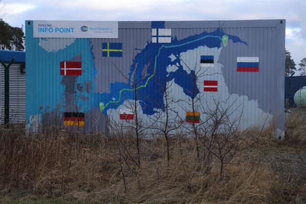 A map shows the course of the Nord Stream 2 gas pipeline from Russia to Germany, February 2022 near Lubmin, Germany. The German government has put the pipeline on ice. Photo: Sean Gallup/Getty Images