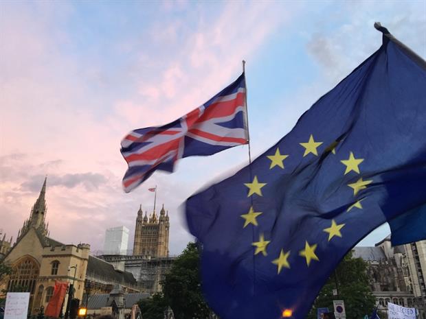 Politics: Brexit - UK and EU flags fly over Westminster (Image: Simon Pickstone)