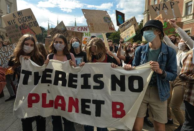 Young people at a 'Krakow For Climate Justice' protest, September, 2020. Photo: Artur Widak/NurPhoto via Getty Images