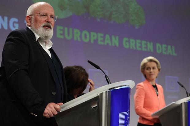 Frans Timmermans and Ursula von der Leyen attend a press conference on the launch of the landmark climate plan in Brussels (Photo by Dursun Aydemir/Anadolu Agency via Getty Images)