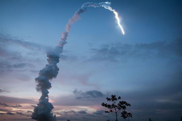 The Ariane 5 blasts off from the ground at the French Guiana European Spaceport of Kourou 