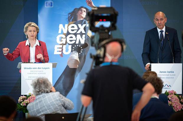 European Commission president Ursula von der Leyen and Slovenia's prime minister Janez Janša give a press conference after Slovenia took over the rotating EU presidency (Photo by JURE MAKOVEC/AFP via Getty Images)