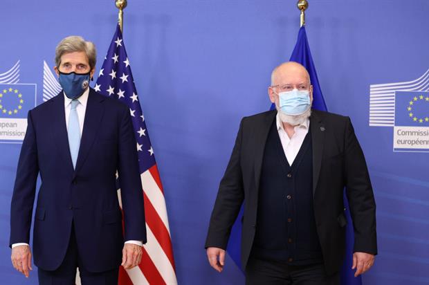 Timmermans pictured with US climate envoy John Kerry earlier this month (Photo by Dursun Aydemir/Anadolu Agency via Getty Images)