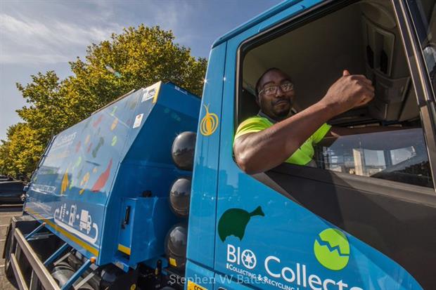 A food waste collection truck, image copyright @BioCollectors