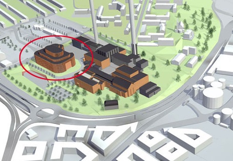 An artist's impression of the facility (ringed in red) next to the existing coal-powered plant